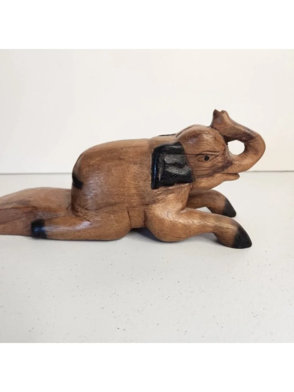 Vintage Wood Elephant Hand Carved Door Wedge Stopper Raised Trunk Up Boho 1970s